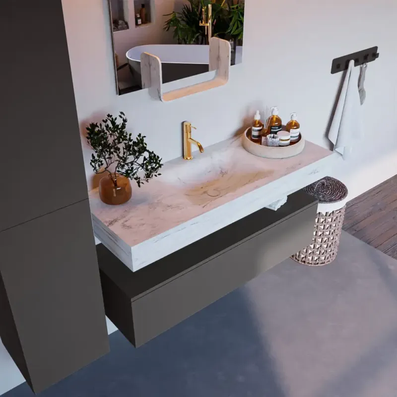 Voordeelprijs Mondiaz Alan DLux badmeubel 120cm dark grey 1 lade met wastafel opalo midden 1 kraangat
