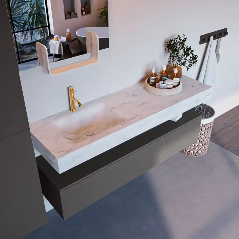 Aanbieding Mondiaz Alan DLux badmeubel 150cm dark grey 1 lade met wastafel opalo links 1 kraangat