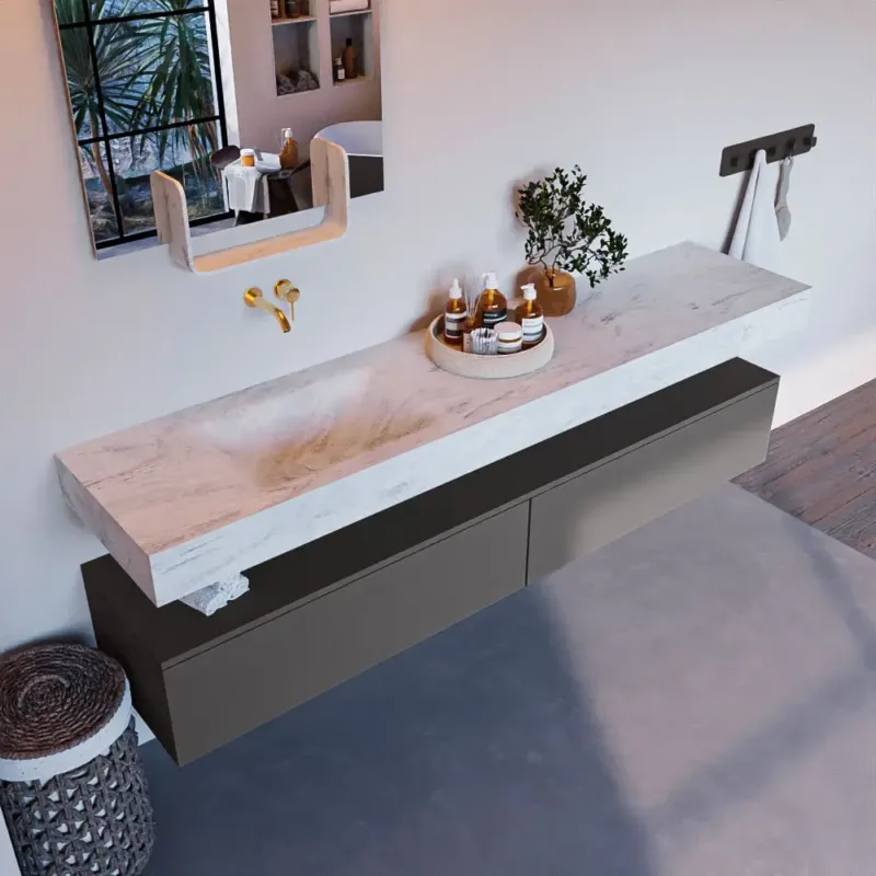 Aanbieding Mondiaz Alan DLux badmeubel 200cm dark grey 2 lades met wastafel opalo links zonder kraangat