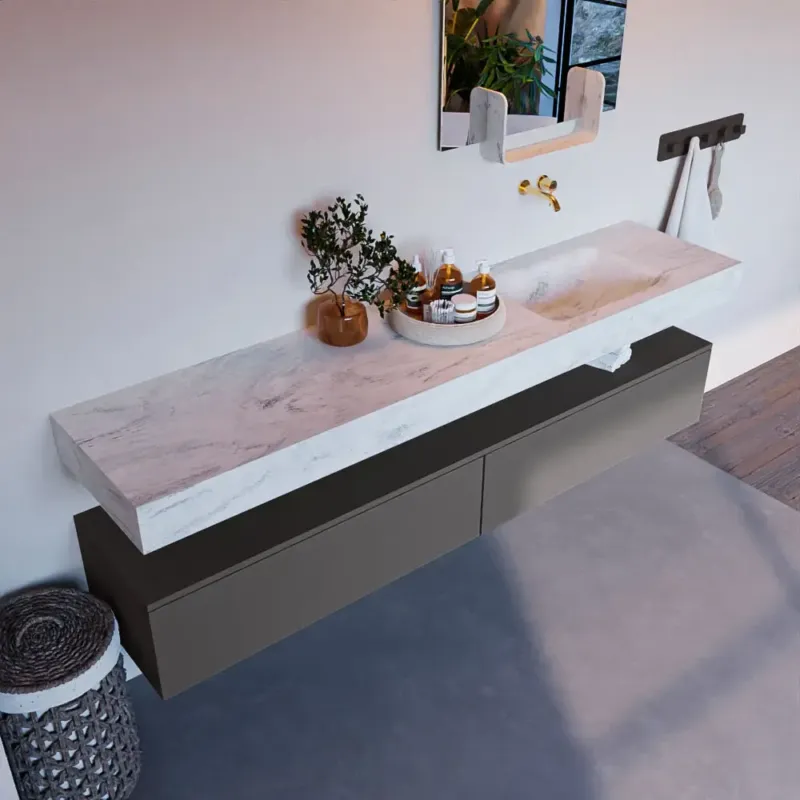 Alleen Vandaag Mondiaz Alan DLux badmeubel 200cm dark grey 2 lades met wastafel opalo rechts zonder kraangat