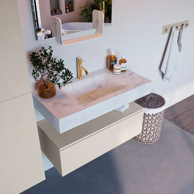 Uitverkoop Mondiaz Alan DLux badmeubel 90cm linen 1 lade met wastafel opalo midden 1 kraangat