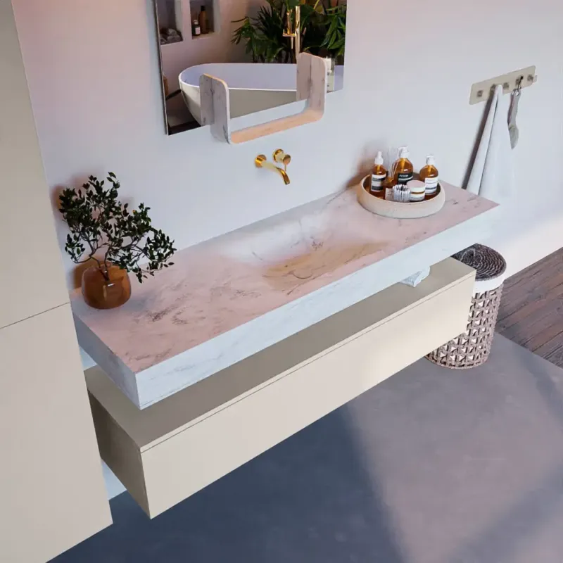 Tijdelijk Beschikbaar Mondiaz Alan DLux badmeubel 150cm linen 1 lade met wastafel opalo midden zonder kraangat