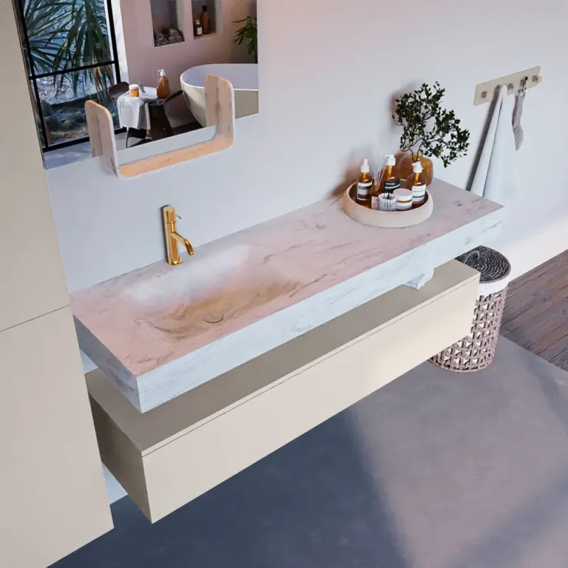 Tijdelijk Beschikbaar Mondiaz Alan DLux badmeubel 150cm linen 1 lade met wastafel opalo links 1 kraangat