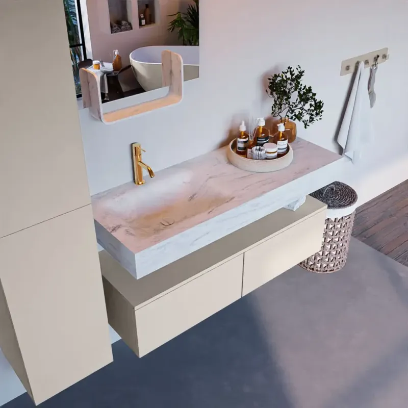 Voordeelprijs Mondiaz Alan DLux badmeubel 120cm linen 2 lades met wastafel opalo links 1 kraangat