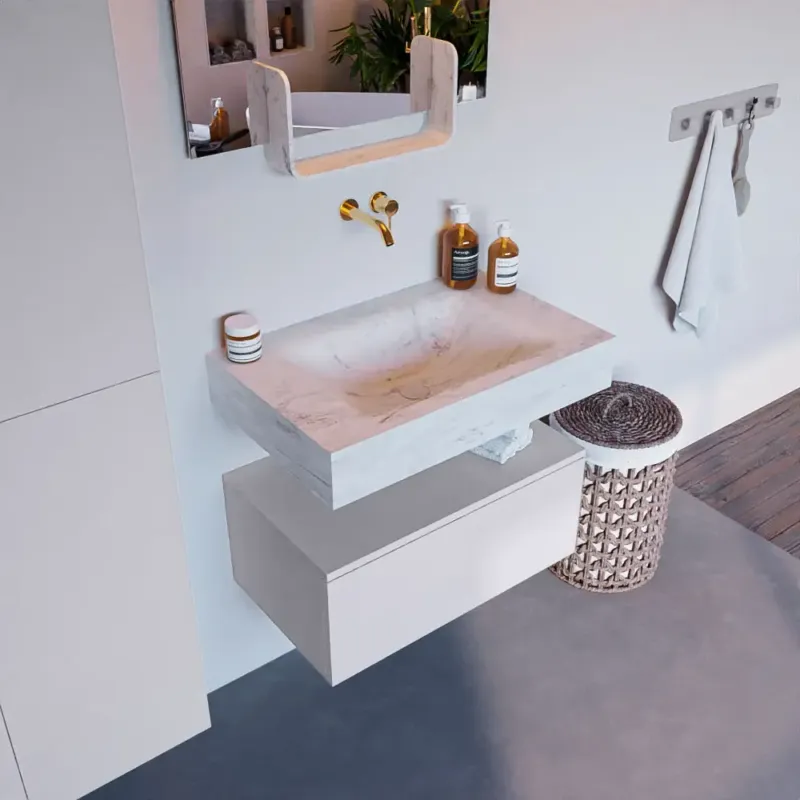 Mondiaz Alan DLux badmeubel 70cm cale 1 lade met wastafel opalo midden zonder kraangat Rechtstreeks Van De Fabrikant