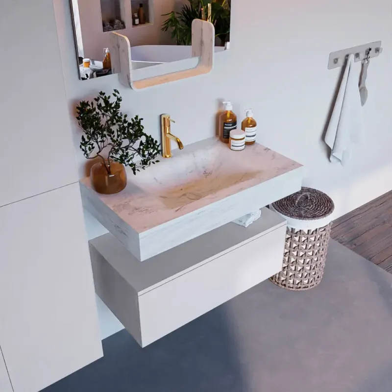 Bestseller Mondiaz Alan DLux badmeubel 80cm cale 1 lade met wastafel opalo midden 1 kraangat