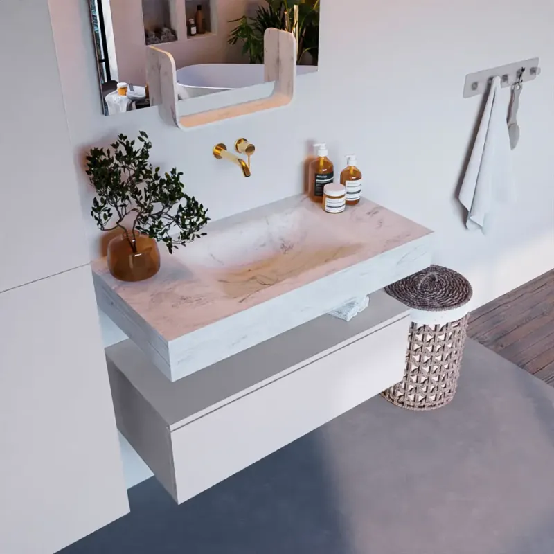 Aanbieding Mondiaz Alan DLux badmeubel 90cm cale 1 lade met wastafel opalo midden zonder kraangat