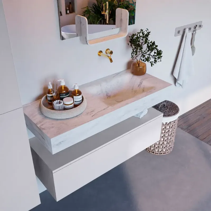 Gereduceerde Prijs Mondiaz Alan DLux badmeubel 110cm cale 1 lade met wastafel opalo rechts zonder kraangat