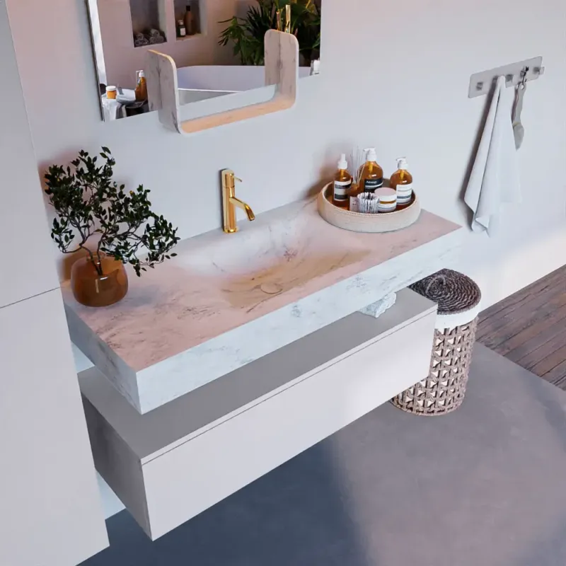 Mondiaz Alan DLux badmeubel 110cm cale 1 lade met wastafel opalo midden 1 kraangat Speciale Aanbieding