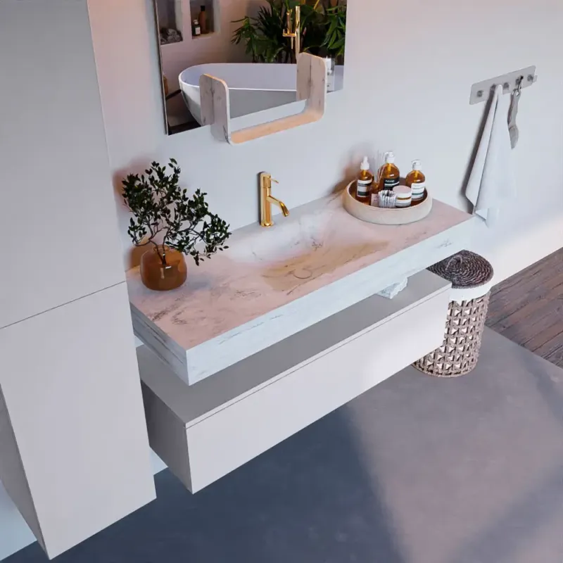 Lage Kosten Mondiaz Alan DLux badmeubel 120cm cale 1 lade met wastafel opalo midden 1 kraangat