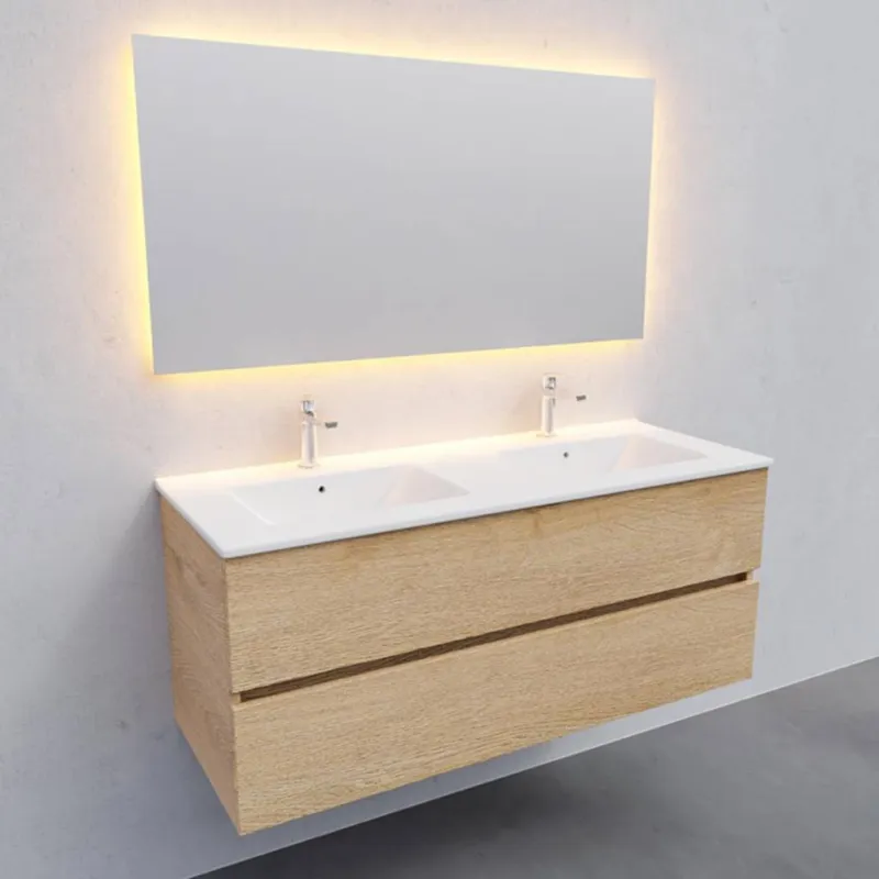 Direct Verzonden Badkamermeubel AQS Helsinki 120x46cm Keramiek Dubbel Wood Washed Oak 2 Laden (2 kraangaten)