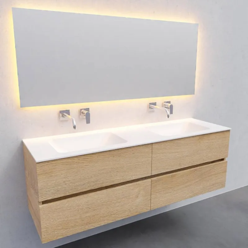 Badkamermeubel Solid Surface AQS Oslo 150x46 cm Dubbel Wood Washed Oak 4 Laden (0 kraangaten) Meest Verkocht