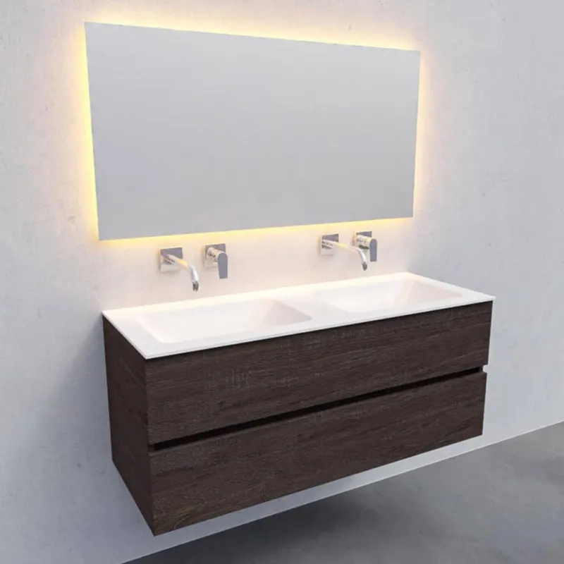 Badkamermeubel Solid Surface AQS Oslo 120x46 cm Dubbel Wood Dark Brown (0 kraangaten) Beperkte Voorraad