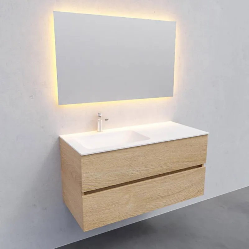 Badkamermeubel Solid Surface AQS Oslo 100x46 cm Links Wood Washed Oak (met 1 kraangat) Uitverkoop