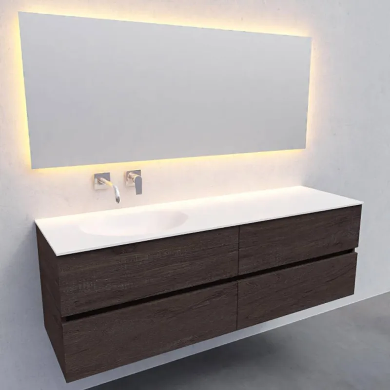 Badkamermeubel Solid Surface AQS Stockholm 150x46 cm Links Wood Dark Brown 4 Laden (0 kraangaten) Populair