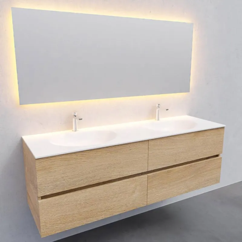 Badkamermeubel Solid Surface AQS Stockholm 150x46 cm Dubbel Wood Washed Oak 4 Laden (2 kraangaten) Premium
