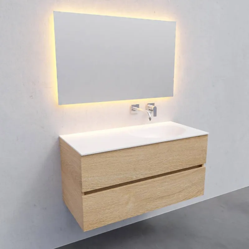 Gratis Retour Badkamermeubel Solid Surface AQS Stockholm 100x46 cm Rechts Wood Washed Oak (0 kraangaten)