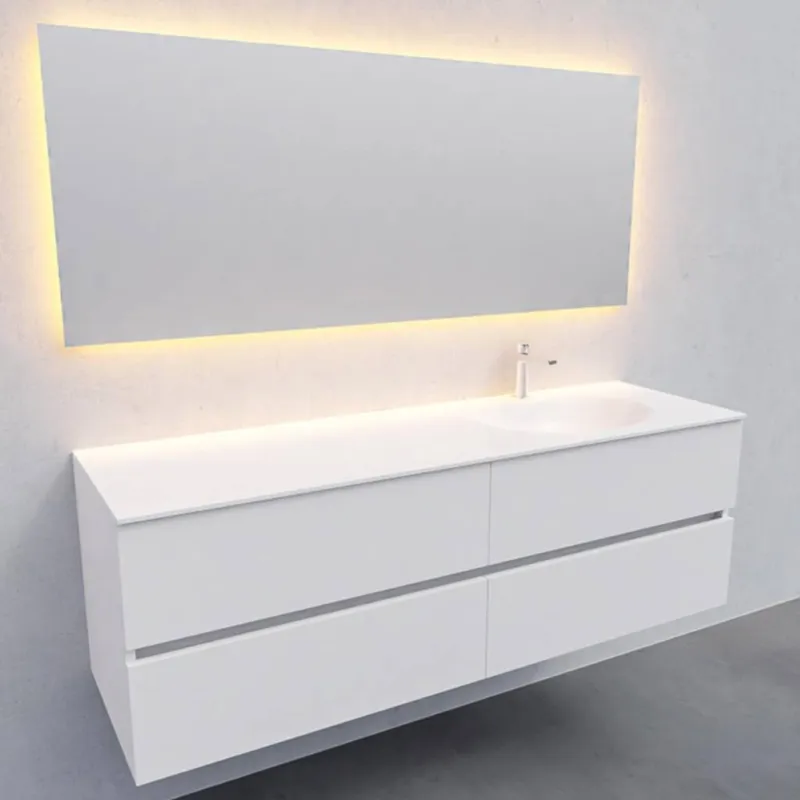 Badkamermeubel Solid Surface AQS Stockholm 150x46 cm Rechts Mat Wit 4 Laden (met 1 kraangat) Snelle Levering