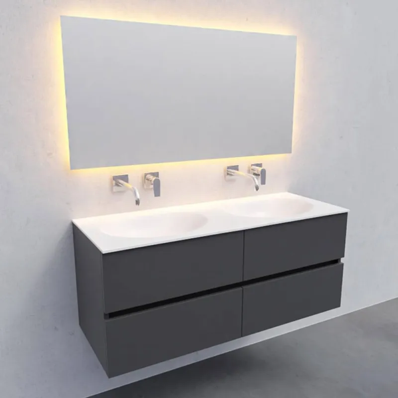 Beperkt Aanbod Badkamermeubel Solid Surface AQS Stockholm 120x46 cm Dubbel Mat Antraciet 4 Laden (zonder kraangaten)