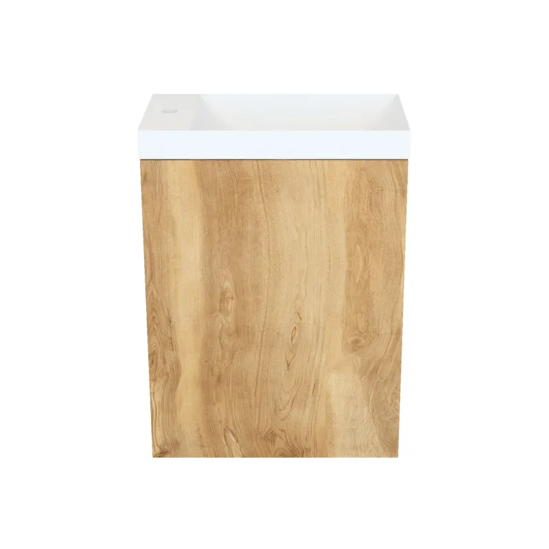 Fonteinkast Natural Oak Arcqua Luna 40x55x28 cm Incl. Fontein Mat Wit Met Overloop Laatste Versie