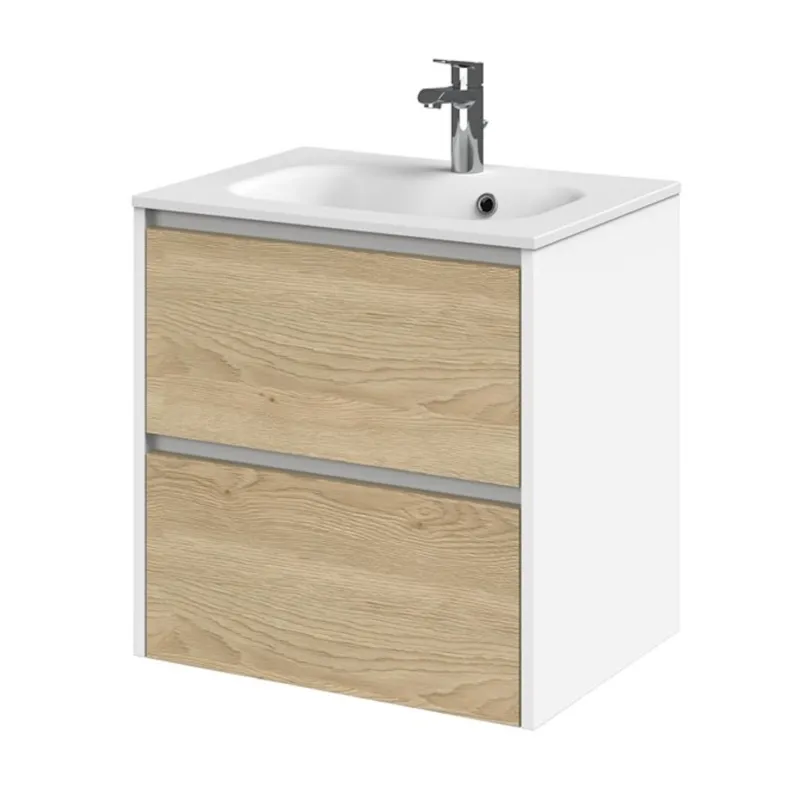Beste Prijs Meubelset Tiger Reverse 60 cm Met 2 Lades Natural Eik - Mat Wit incl Oval Wastafel Mat Wit
