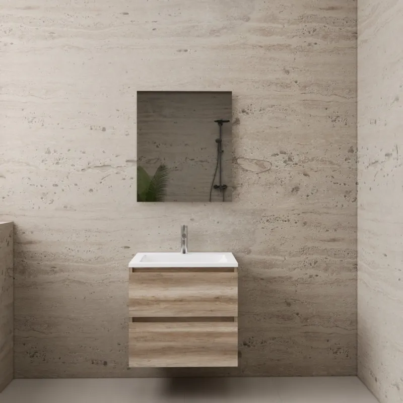 Express Levering AKTIE! Badmeubel Boss & Wessing Paris 60 cm Mat Wit Wastafel Compleet Canyon Oak (1 kraangat)