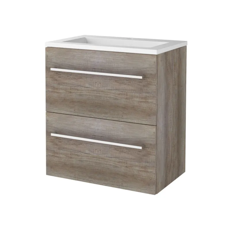 Direct Verzonden Badmeubelset Aquasplash Salt 60x39cm Met Grepen (Kleurkeuze) 2 Lades Met Wastafel Acryl 1 Kraangat Scotch Oak