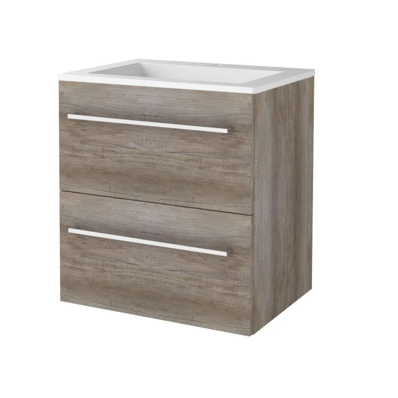 Badmeubelset Aquasplash Salt 60x46cm Met Grepen (Kleurkeuze) 2 Lades Met Wastafel Acryl 1 Kraangat Scotch Oak Nieuw