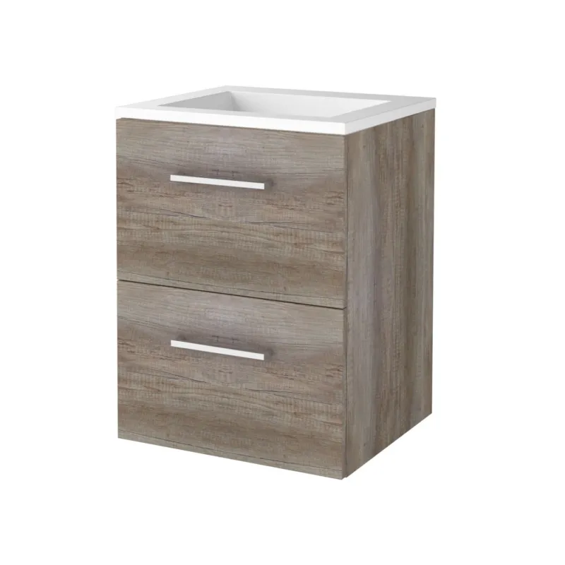Badmeubelset Aquasplash Salt 50x46cm Met Grepen (Kleurkeuze) 2 Lades Met Wastafel Acryl Scotch Oak Beperkte Voorraad