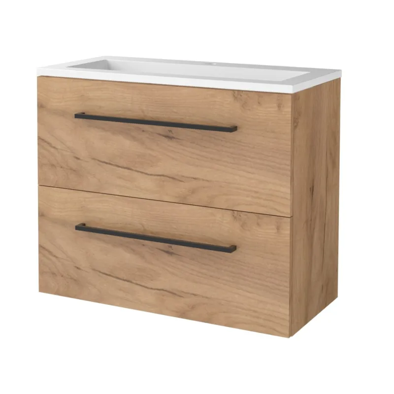Beperkte Voorraad Badmeubelset Aquasplash Salt 80x39cm Met Grepen (Kleurkeuze) 2 Lades Met Wastafel Acryl 1 Kraangat Whisky Oak