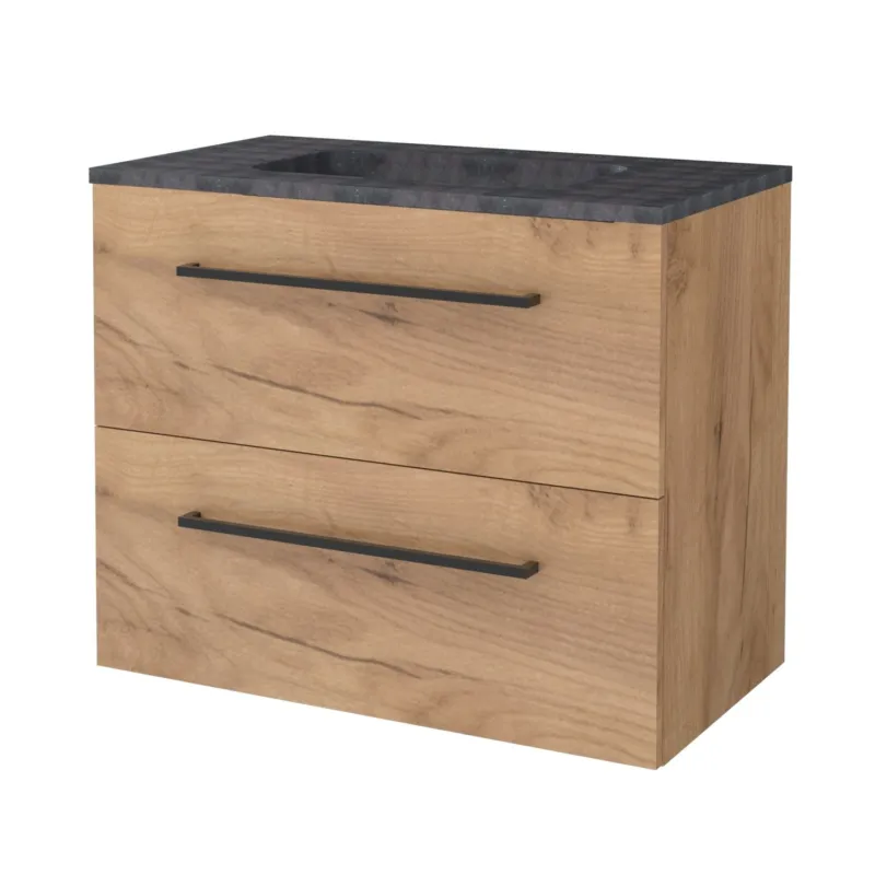 Badmeubelset Aquasplash Salt 80x46cm Met Grepen (Kleurkeuze) 2 Lades Met Wastafel Hardsteen 1 Kraangat Whisky Oak Must-Have