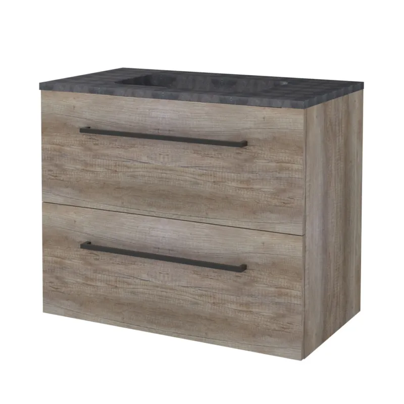 Badmeubelset Aquasplash Salt 80x46cm Met Grepen (Kleurkeuze) 2 Lades Met Wastafel Hardsteen Scotch Oak Korting