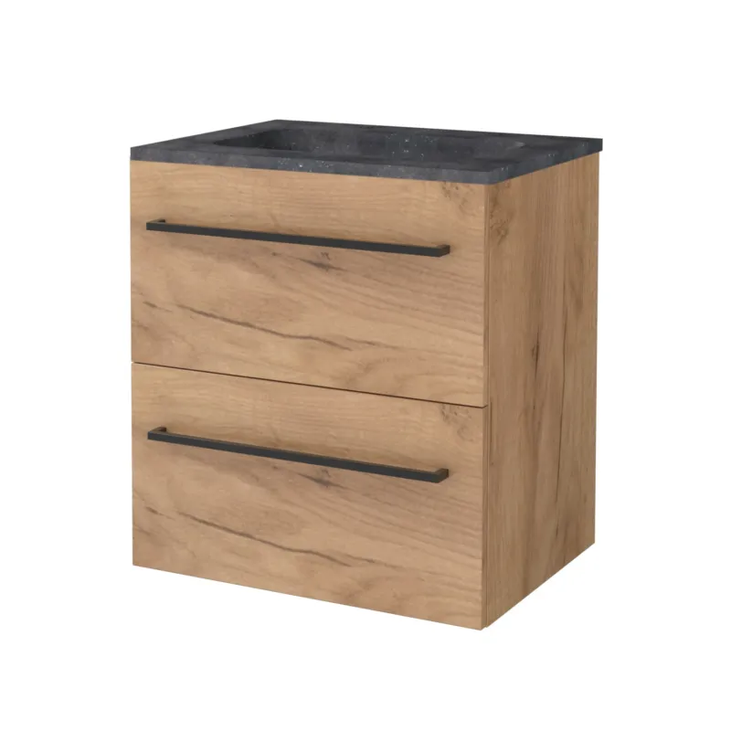 Merkproduct Badmeubelset Aquasplash Salt 60x46cm Met Grepen (Kleurkeuze) 2 Lades Met Wastafel Hardsteen Whisky Oak
