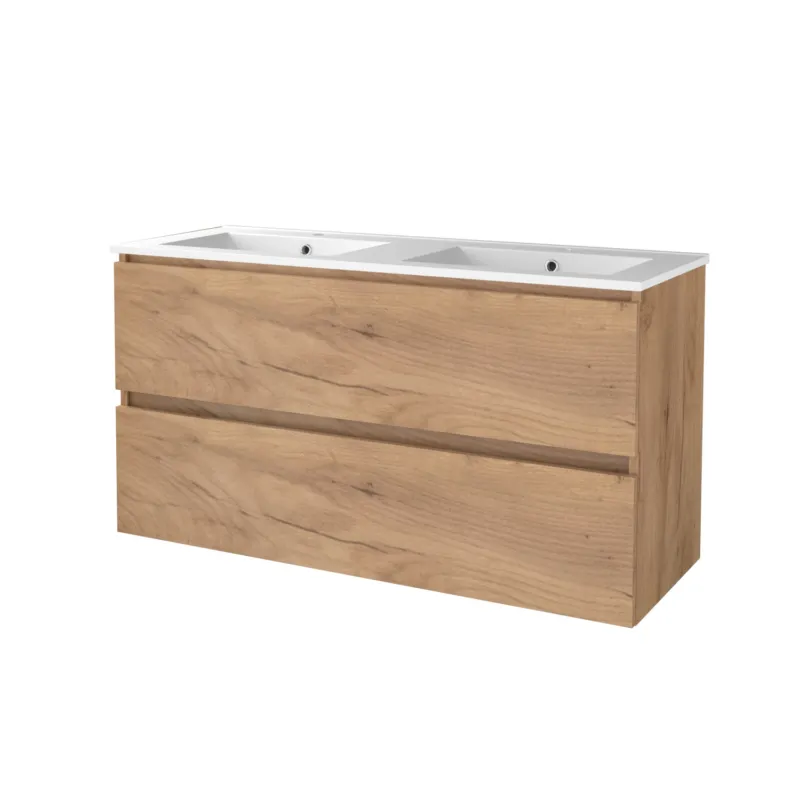 Hoge Kwaliteit Badmeubelset Aquasplash Salt 120x46cm Greeploos 2 Lades Met Wastafel Porselein 2 Kraangaten Whisky Oak