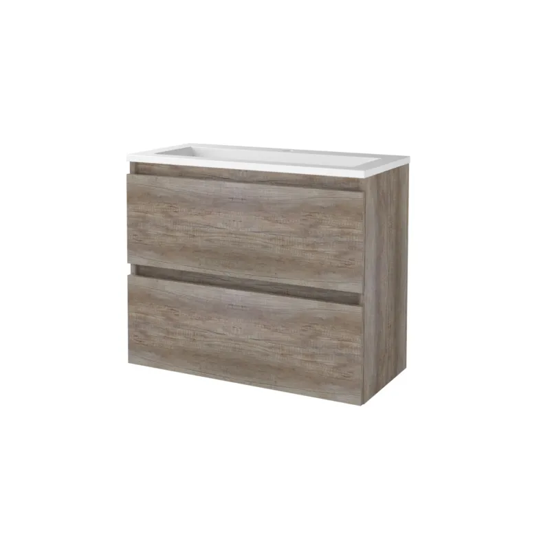 Fabrieksprijs Badmeubelset Aquasplash Salt 80x39cm Greeploos 2 Lades Met Wastafel Acryl Scotch Oak