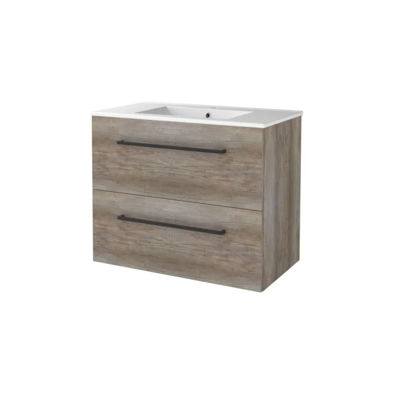 Badmeubelset Aquasplash Salt 80x46cm Met Grepen (Kleurkeuze) 2 Lades Met Wastafel 1 Kraangat Scotch Oak Meest Verkocht
