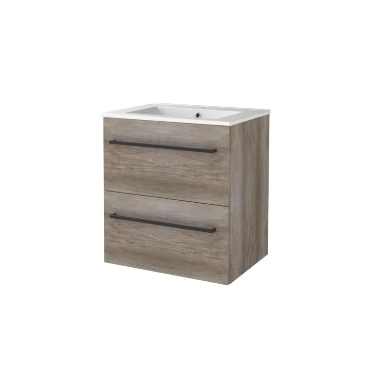 Badmeubelset Aquasplash Salt 60x46cm Met Grepen (Kleurkeuze) 2 Lades Met Wastafel 1 Kraangat Scotch Oak Voordeelprijs