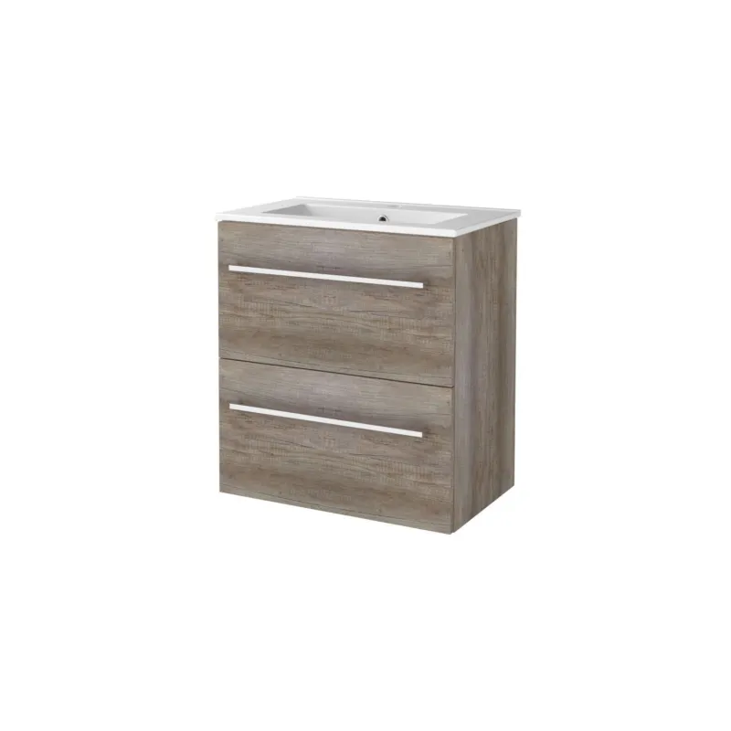 Badmeubelset Aquasplash Salt 60x39cm Met Grepen (Kleurkeuze) 2 Lades Met Wastafel 1 Kraangat Scotch Oak Gereduceerde Prijs
