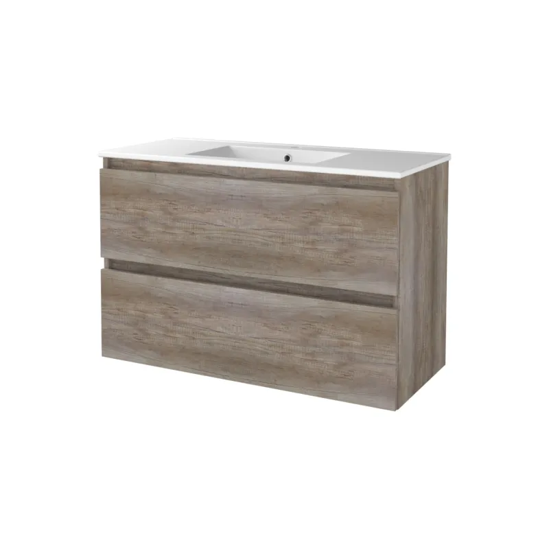 Hoge Kwaliteit Badmeubelset Aquasplash Salt 100x46cm Greeploos 2 Lades Met Wastafel 1 Kraangat Scotch Oak