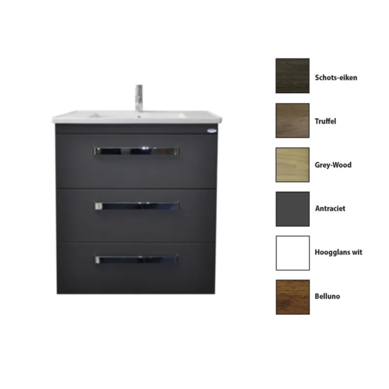 Onderkast Sanicare Q9/Q10 Drie Laden Chromen Greep Soft-Close 65x46 cm Belluno-Eiken Actieprijs