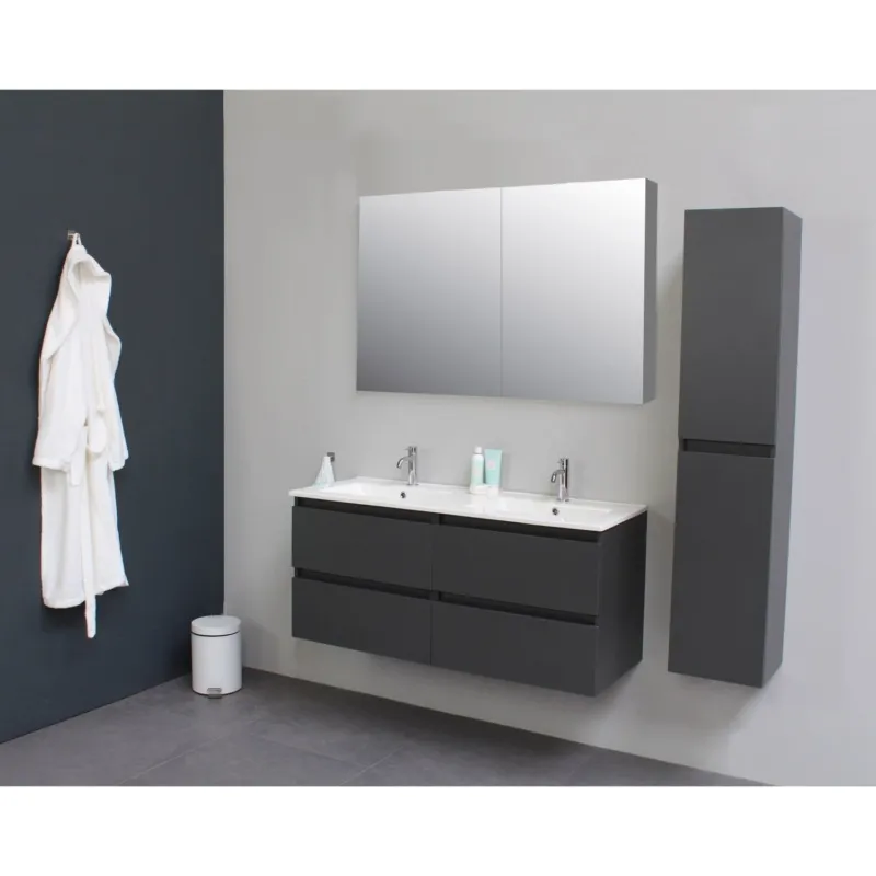 Badkamermeubel BWS Pepper Wastafel Porselein 2 Kraangaten Spiegelkast 120x55x46 cm Antraciet Snelle Levering