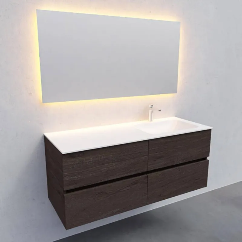 Badkamermeubel Solid Surface AQS Oslo 120x46 cm Rechts Wood Dark Brown 4 Laden (met 1 kraangat) Lage Kosten