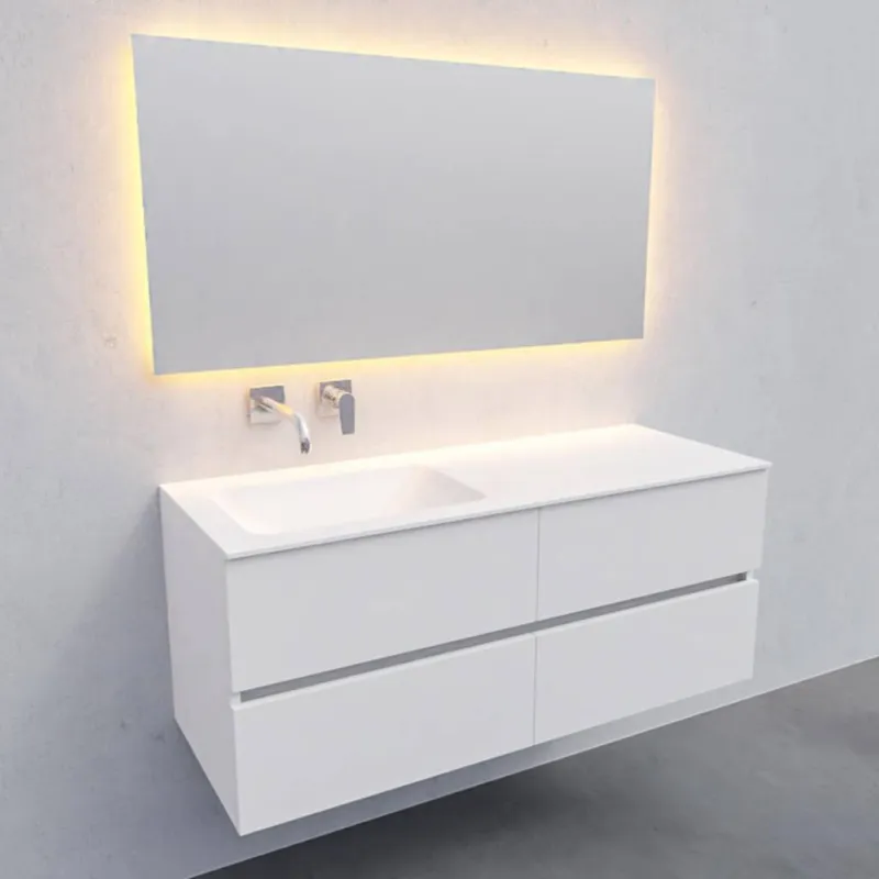 Flitsaanbieding Badkamermeubel Solid Surface AQS Oslo 120x46 cm Links Mat Wit 4 Laden (0 kraangaten)
