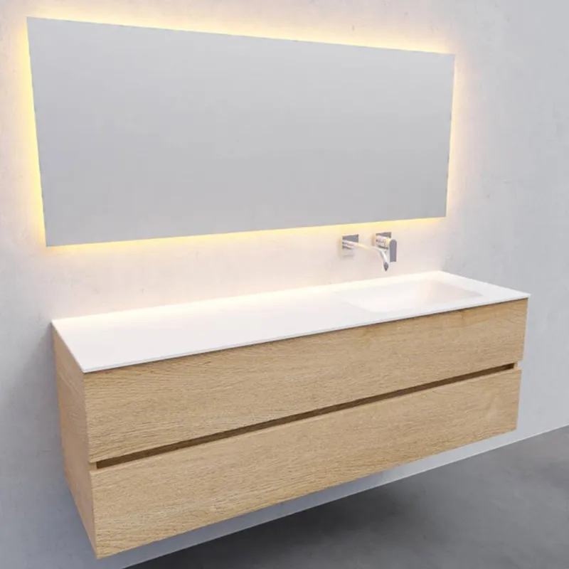 Badkamermeubel Solid Surface AQS Oslo 150x46 cm Rechts Wood Washed Oak (0 kraangaten) Hoge Kwaliteit