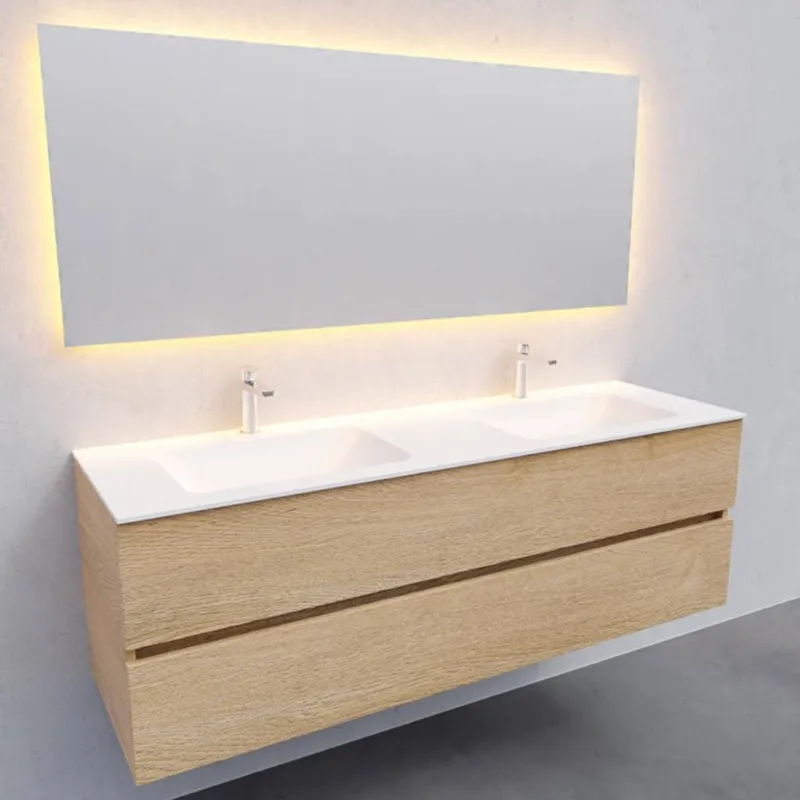 Seizoensaanbieding Badkamermeubel Solid Surface AQS Oslo 150x46 cm Dubbel Wood Washed Oak (2 kraangaten)