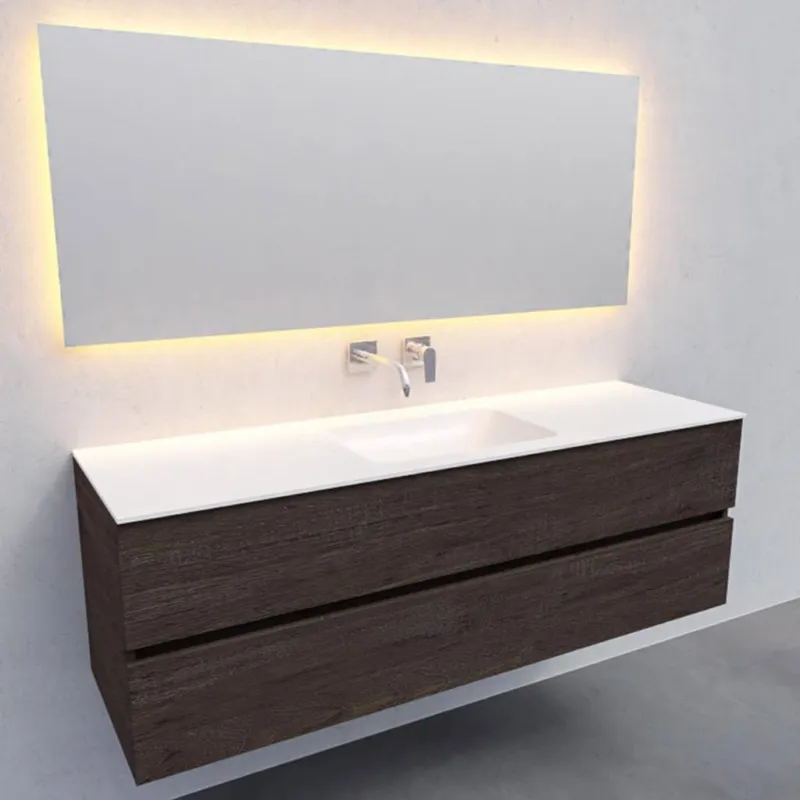 Badkamermeubel Solid Surface AQS Oslo 150x46 cm Midden Wood Dark Brown (0 kraangaten) Direct Verzonden