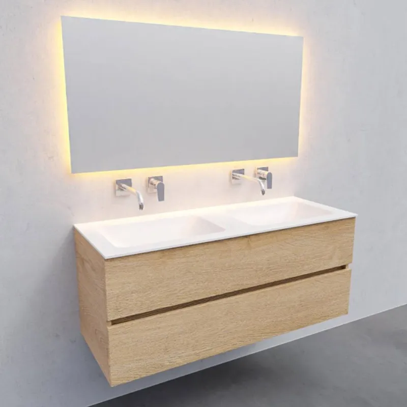 Merkproduct Badkamermeubel Solid Surface AQS Oslo 120x46 cm Dubbel Wood Washed Oak (0 kraangaten)