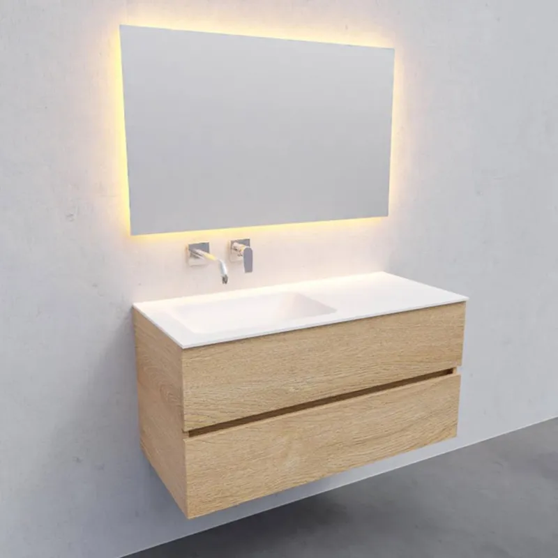 Badkamermeubel Solid Surface AQS Oslo 100x46 cm Links Wood Washed Oak (0 kraangaten) Speciale Aanbieding