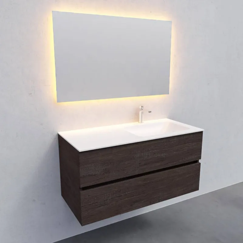 Badkamermeubel Solid Surface AQS Oslo 100x46 cm Rechts Wood Dark Brown (met 1 kraangat) Gratis Retour
