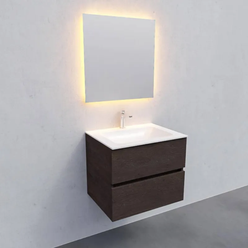 Beperkte Voorraad Badkamermeubel Solid Surface AQS Oslo 60x46 cm Wood Dark Brown (met 1 kraangat)